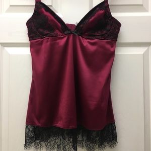 Burgundy silk and black lace babydoll